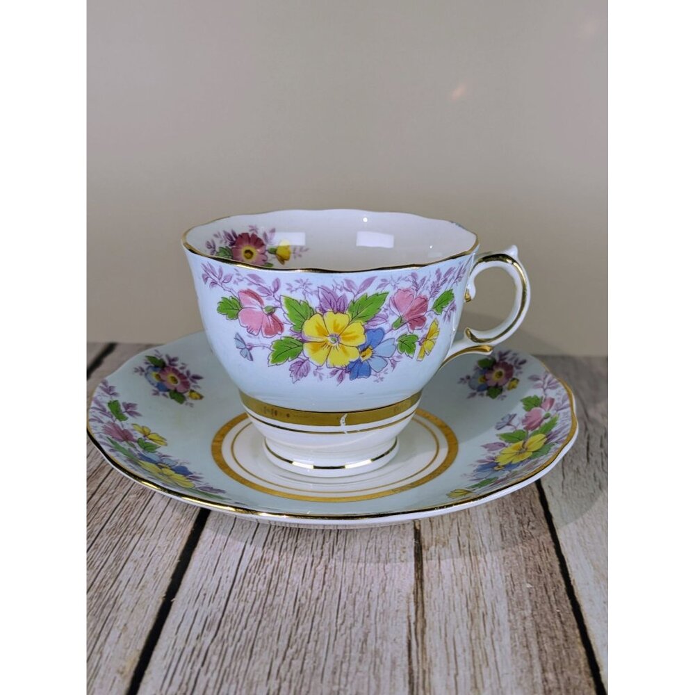 Vintage Colclough Bone China Floral Cup and Saucer Set With Gold Trim